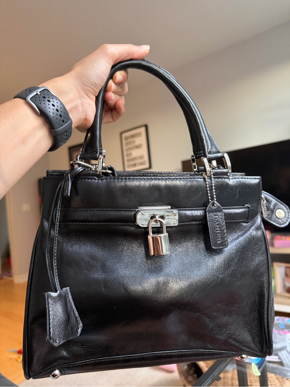 Danier Black Leather Padlock Top-Handle Satchel